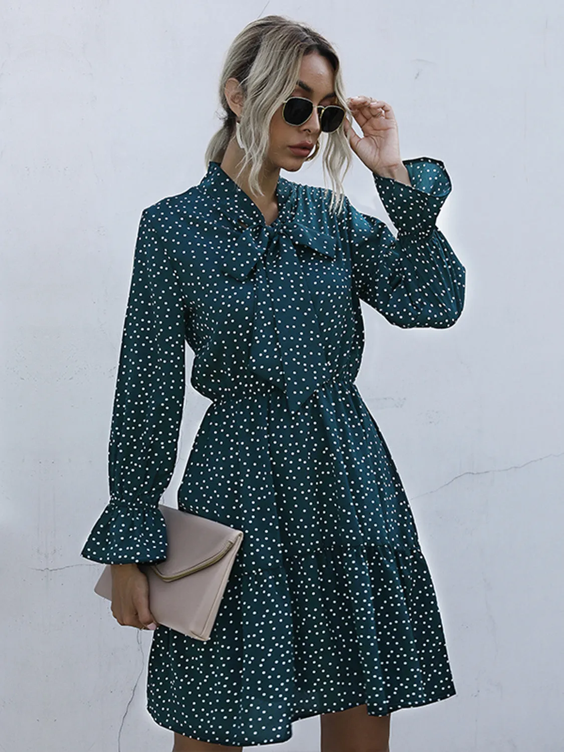 🌟 Perfee Polka Dot Tie Neck Long Sleeve Dress 🌟