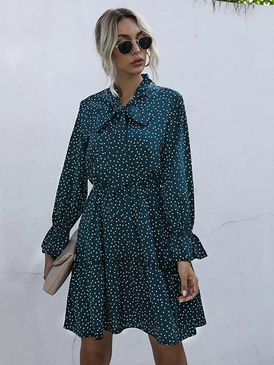🌟 Perfee Polka Dot Tie Neck Long Sleeve Dress 🌟