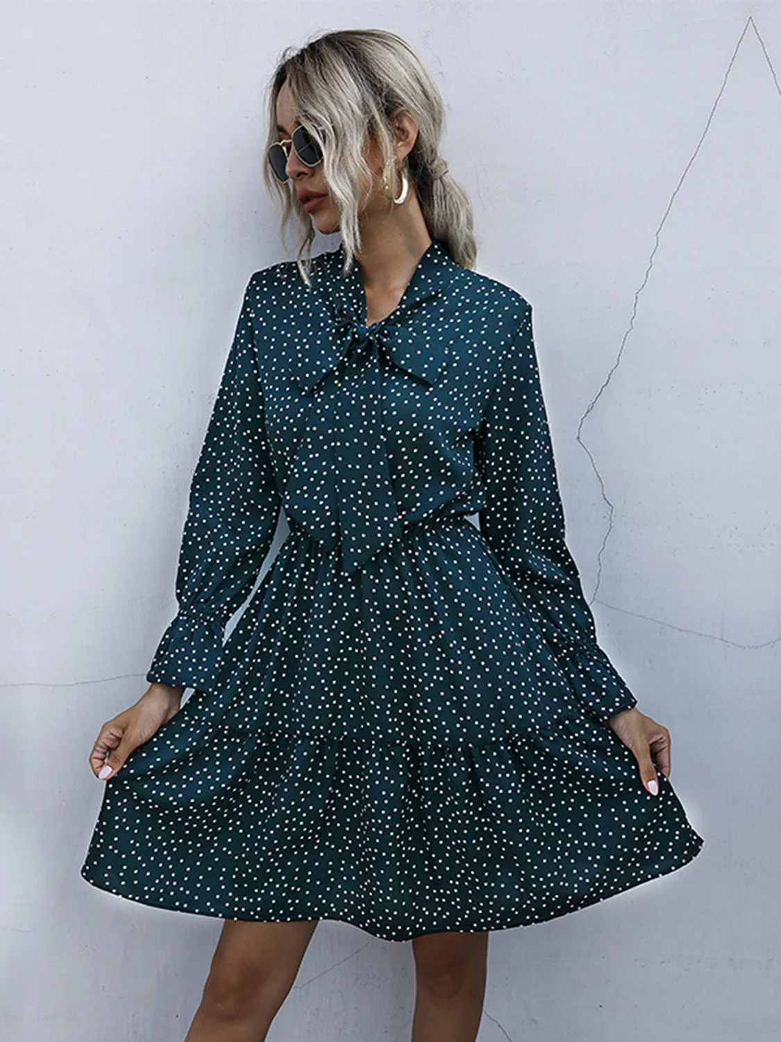 🌟 Perfee Polka Dot Tie Neck Long Sleeve Dress 🌟