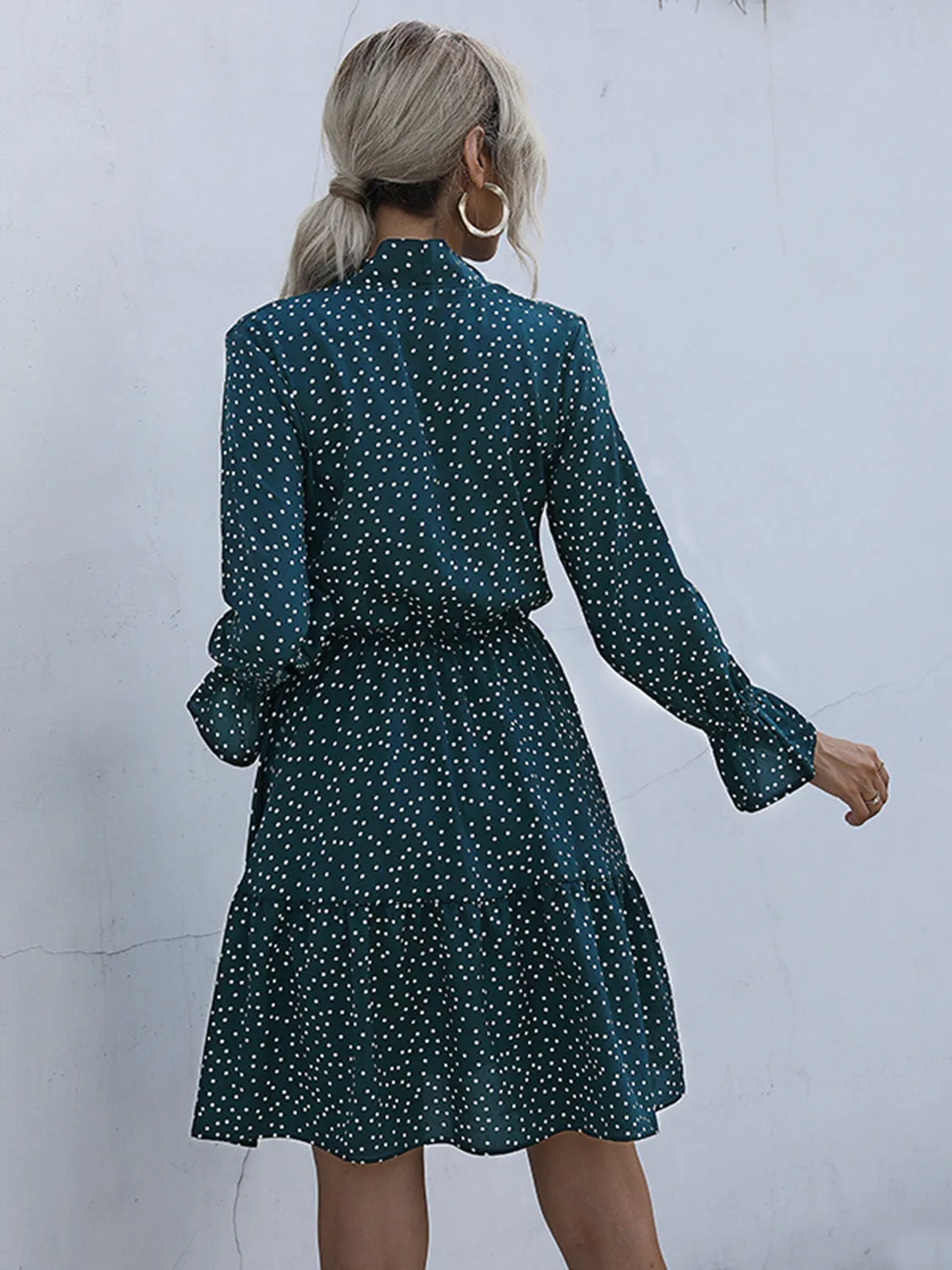 🌟 Perfee Polka Dot Tie Neck Long Sleeve Dress 🌟