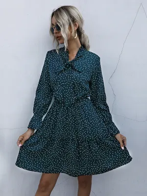 🌟 Perfee Polka Dot Tie Neck Long Sleeve Dress 🌟