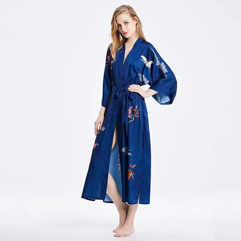 100% Mulberry Silk Kimono Robe Blue Floral Printed Luxury Silk Robe