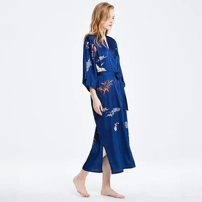 100% Mulberry Silk Kimono Robe Blue Floral Printed Luxury Silk Robe