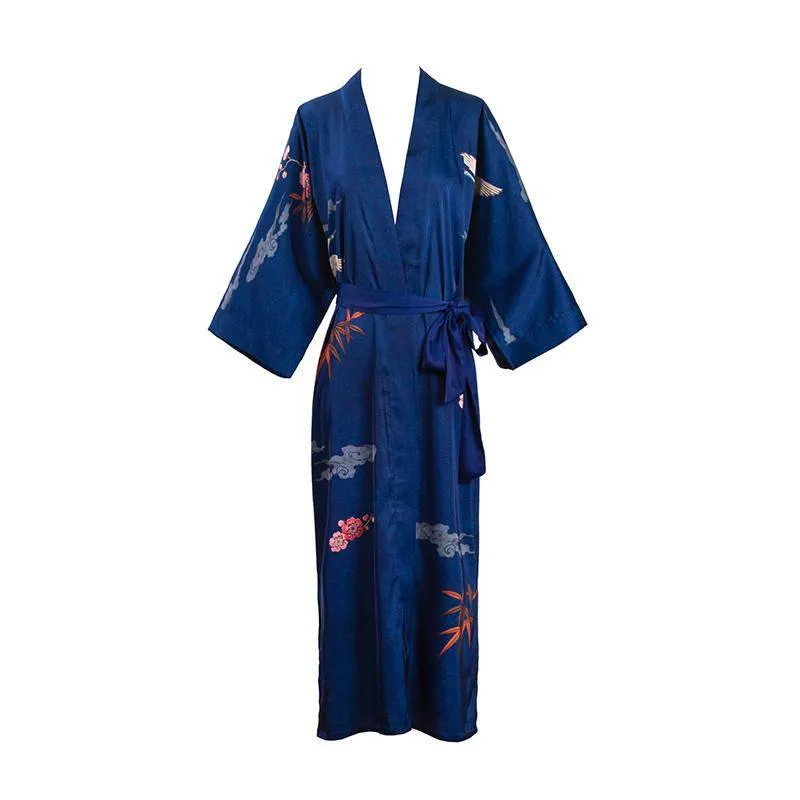 100% Mulberry Silk Kimono Robe Blue Floral Printed Luxury Silk Robe