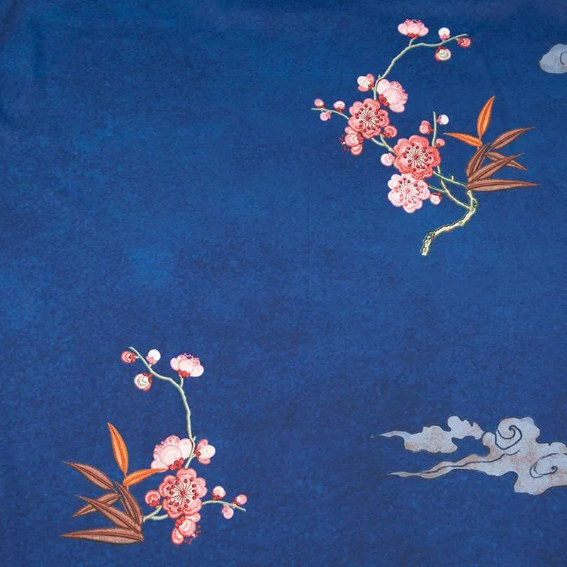 100% Mulberry Silk Kimono Robe Blue Floral Printed Luxury Silk Robe