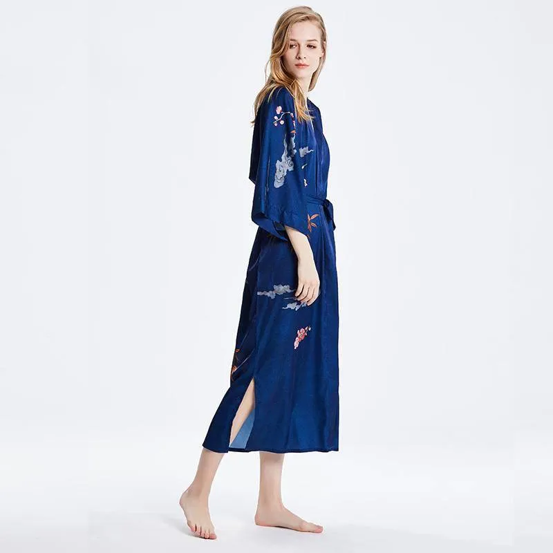 100% Mulberry Silk Kimono Robe Blue Floral Printed Luxury Silk Robe