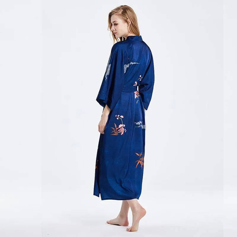 100% Mulberry Silk Kimono Robe Blue Floral Printed Luxury Silk Robe