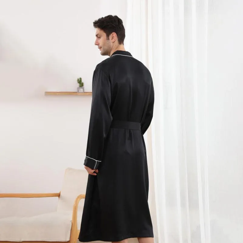 100% Mulberry Silk Robe For Mens Classic Long Sleeves Silk Bathrobe Sleepwear With White Piping