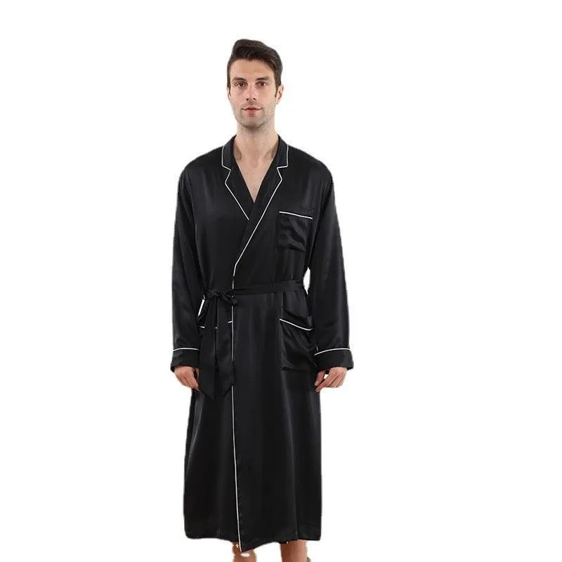 100% Mulberry Silk Robe For Mens Classic Long Sleeves Silk Bathrobe Sleepwear With White Piping