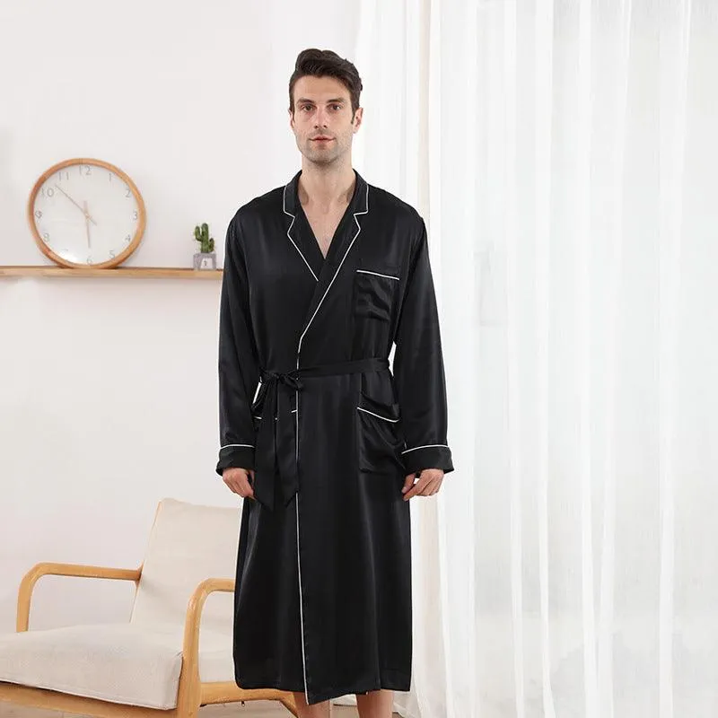 100% Mulberry Silk Robe For Mens Classic Long Sleeves Silk Bathrobe Sleepwear With White Piping