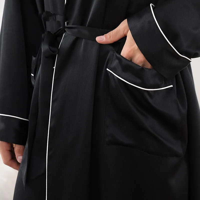 100% Mulberry Silk Robe For Mens Classic Long Sleeves Silk Bathrobe Sleepwear With White Piping