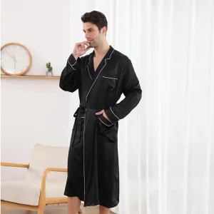 100% Mulberry Silk Robe For Mens Classic Long Sleeves Silk Bathrobe Sleepwear With White Piping