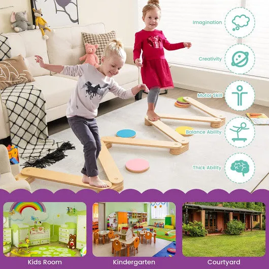 12-Piece Kids Wooden Balance Beam With Colorful Steeping Stones