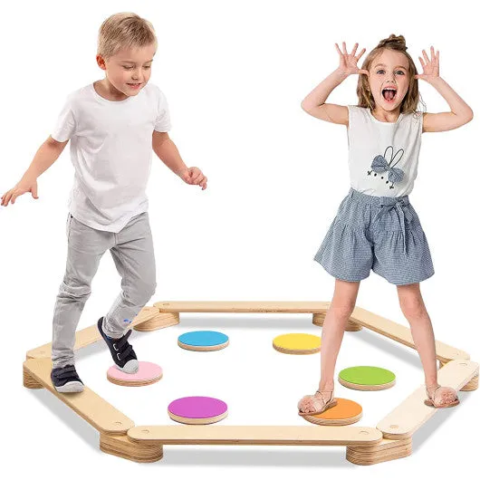 12-Piece Kids Wooden Balance Beam With Colorful Steeping Stones
