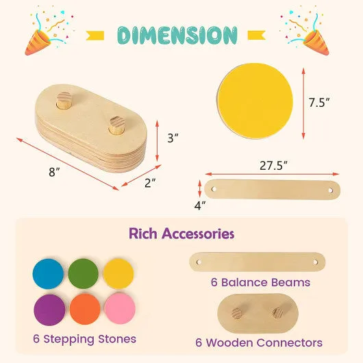 12-Piece Kids Wooden Balance Beam With Colorful Steeping Stones