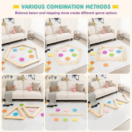 12-Piece Kids Wooden Balance Beam With Colorful Steeping Stones