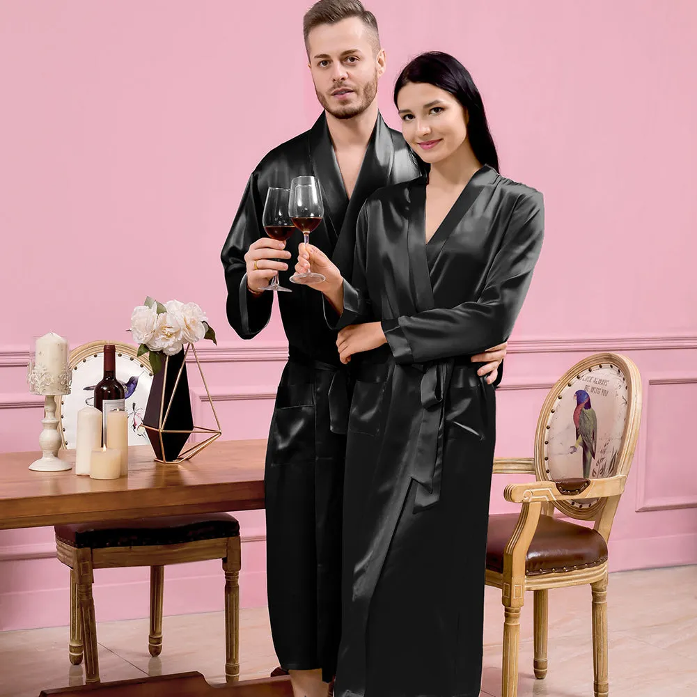 19 Momme Black Silk Couple Long  Bathrobe Sets