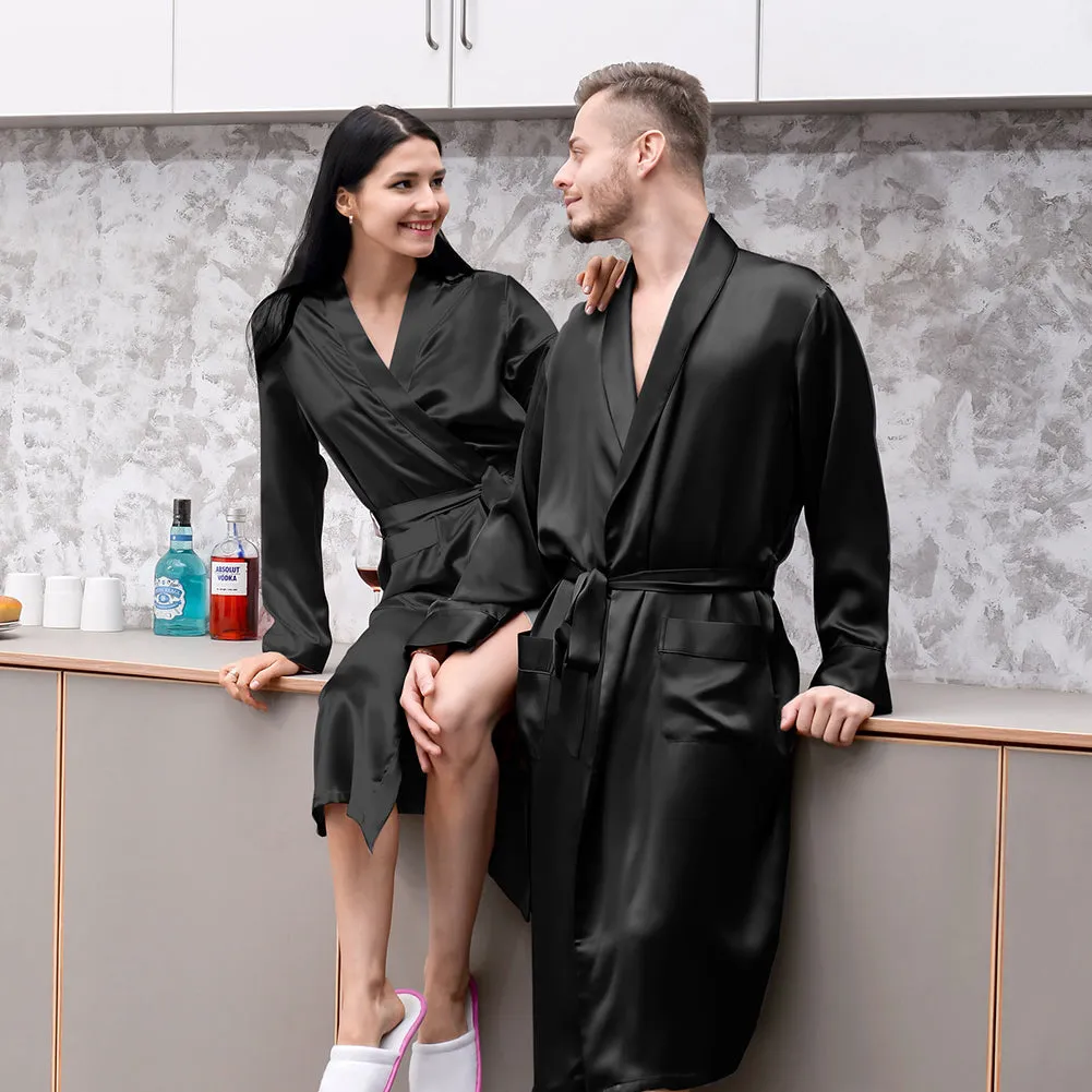 19 Momme Black Silk Couple Long  Bathrobe Sets