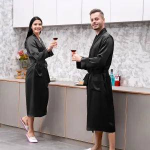 19 Momme Black Silk Couple Long  Bathrobe Sets