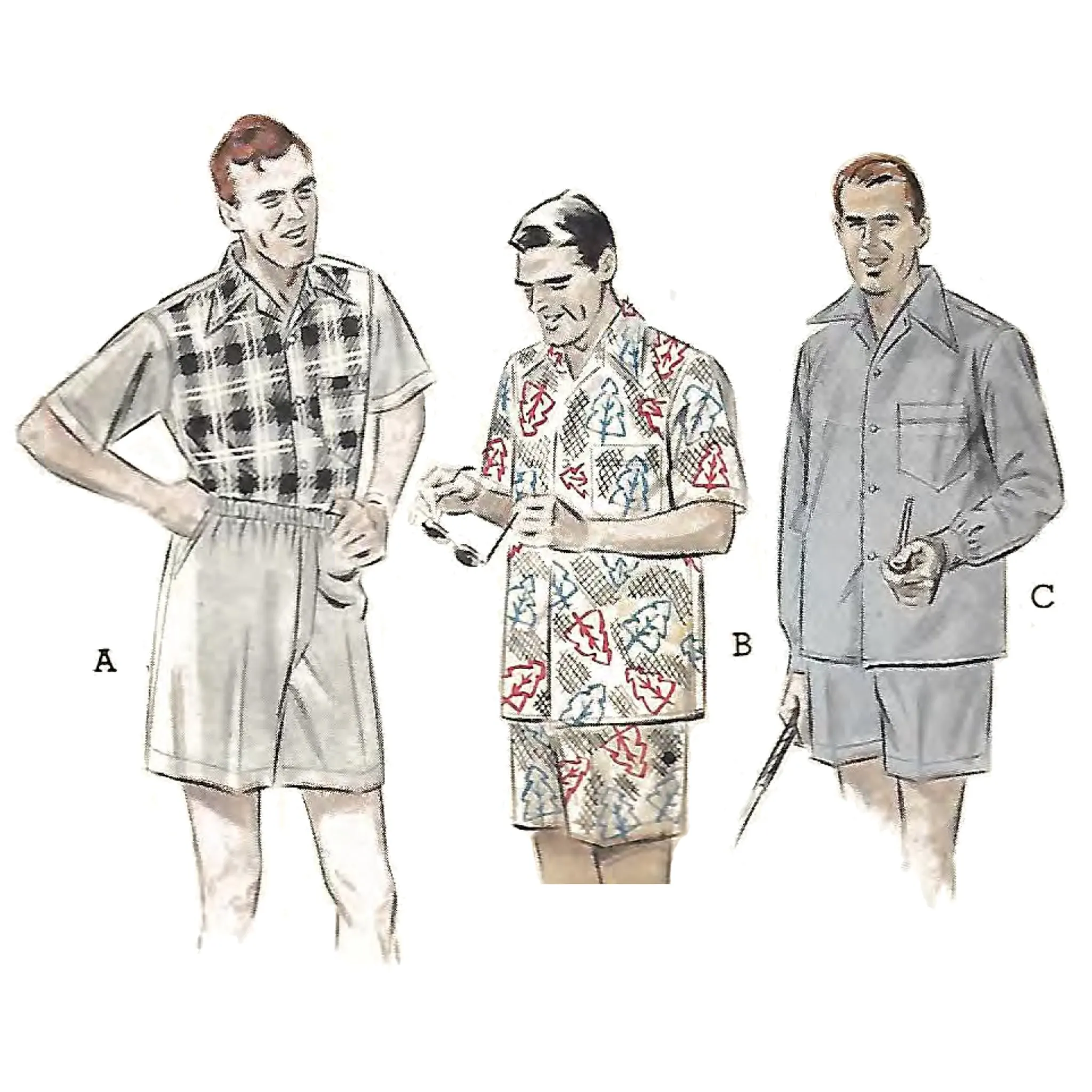 1950s Pattern, Men's Sport Shirt & Boxer Brief Pyjama Set - Chest 38” (97cm) - 40” (102cm)