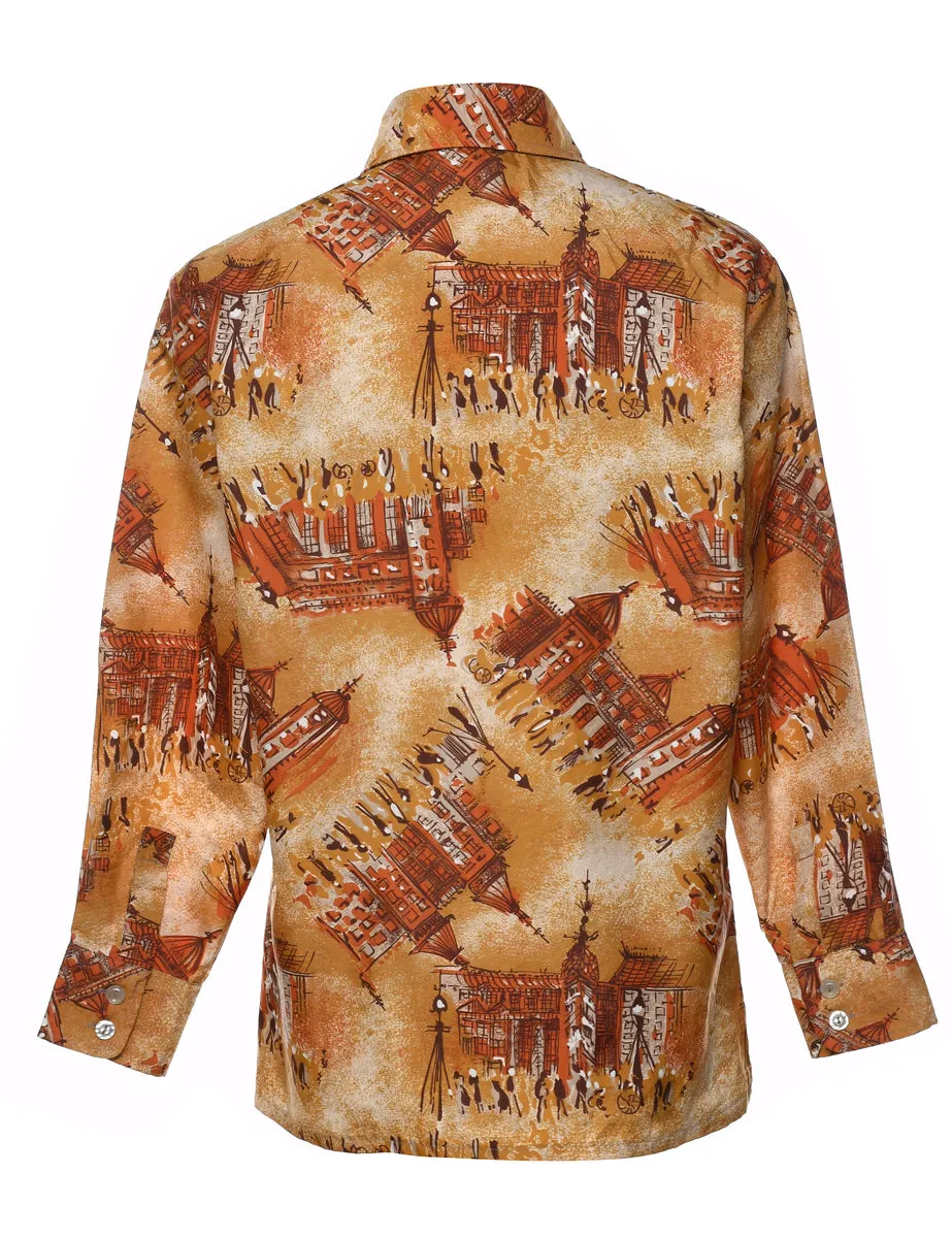 1970s Light Brown & Orange Printed Shirt - S