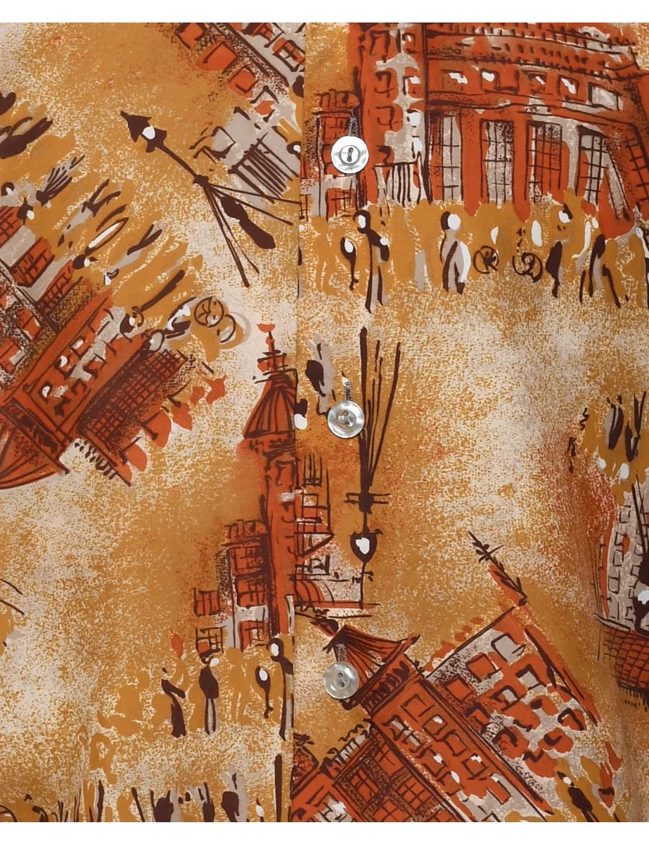 1970s Light Brown & Orange Printed Shirt - S