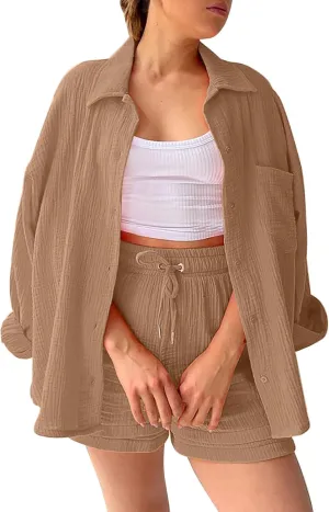2 Piece Cotton Linen Sets for Women Summer Casual Short Sleeve Button Down Shirt and Shorts Outfits Tracksuits