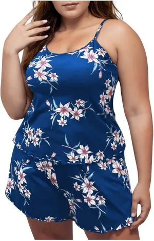 2 Piece Fashion Floral Print Summer Camisole Pajama Sets for Women, Sexy Sleeveless Cami Lingerie Sets with Shorts