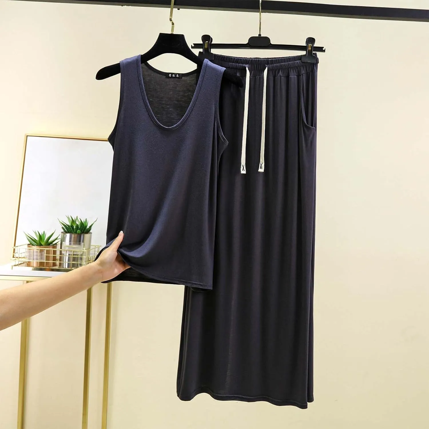 2 Piece Solid Color Basic Modal Pajamas Set for Women, Fashion Sleeveless Loose Tank Pjs and Drawstring Palazzo Pants