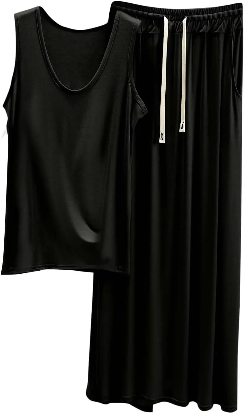 2 Piece Solid Color Basic Modal Pajamas Set for Women, Fashion Sleeveless Loose Tank Pjs and Drawstring Palazzo Pants