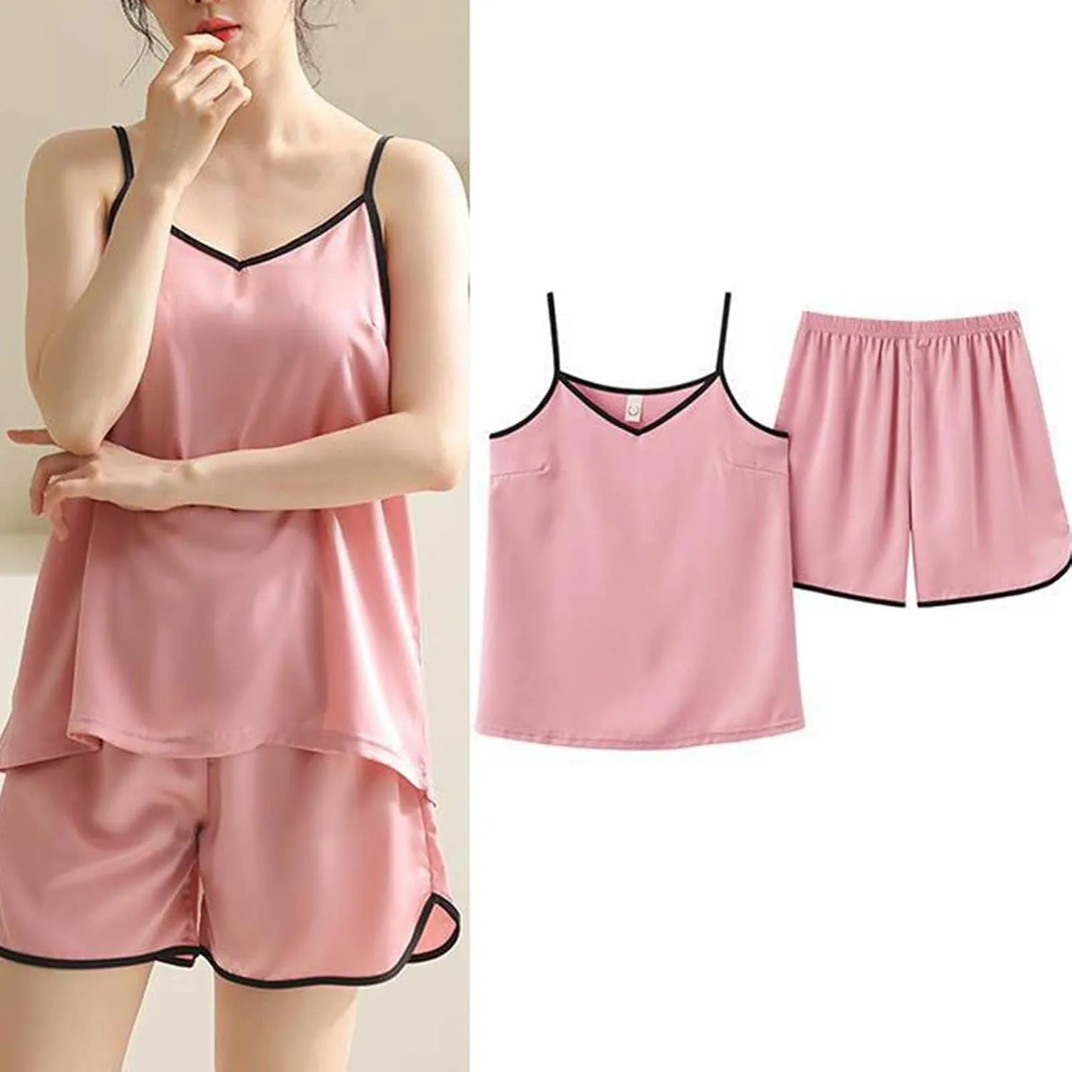 2 Piece Summer Casual Loungewear Pajama Set for Women, Lightweight Sleeveless Loose Camisole Lingerie and Shorts Pjs
