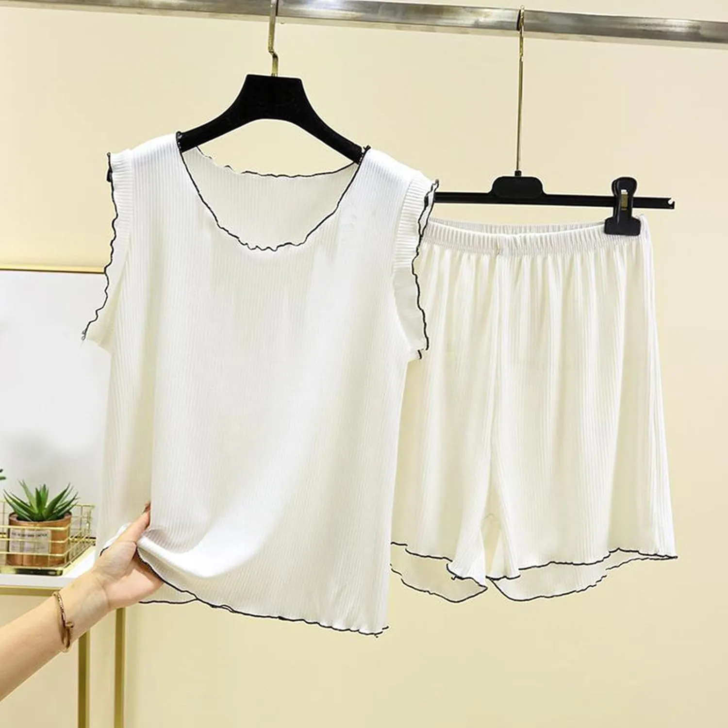 2 Piece Women's Fashion Ribbed Modal Casual Pajama Set for Women, Summer Loose Sleeveless Comfy Tank Tops and Shorts