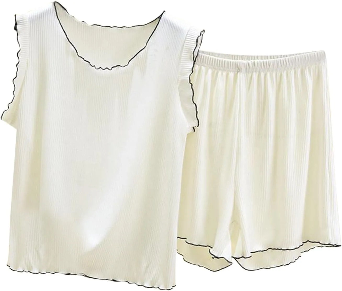 2 Piece Women's Fashion Ribbed Modal Casual Pajama Set for Women, Summer Loose Sleeveless Comfy Tank Tops and Shorts