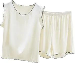 2 Piece Women's Fashion Ribbed Modal Casual Pajama Set for Women, Summer Loose Sleeveless Comfy Tank Tops and Shorts
