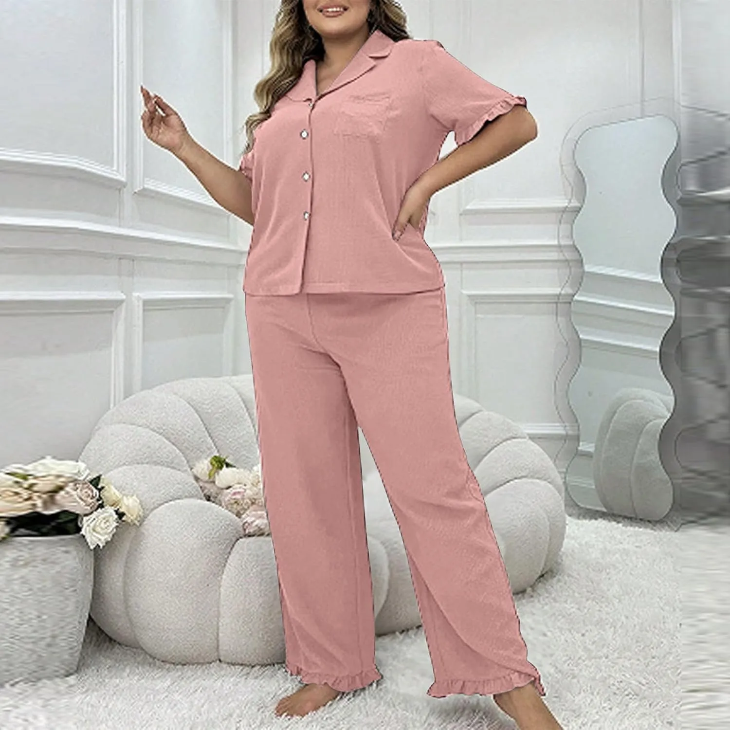 2 Piece Women's Plus Size Button Down Pajamas Set, Lightweight Short Sleeve Loose Loungewear Pjs and Pants