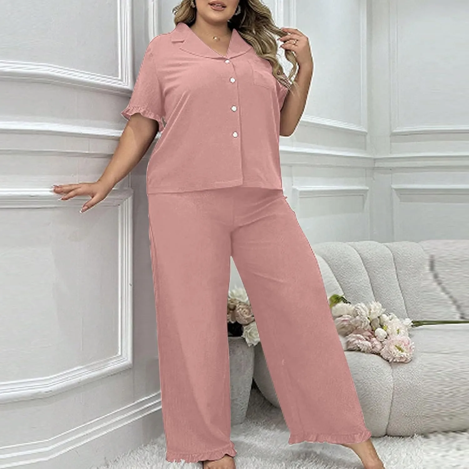 2 Piece Women's Plus Size Button Down Pajamas Set, Lightweight Short Sleeve Loose Loungewear Pjs and Pants