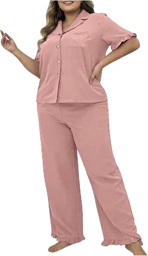 2 Piece Women's Plus Size Button Down Pajamas Set, Lightweight Short Sleeve Loose Loungewear Pjs and Pants