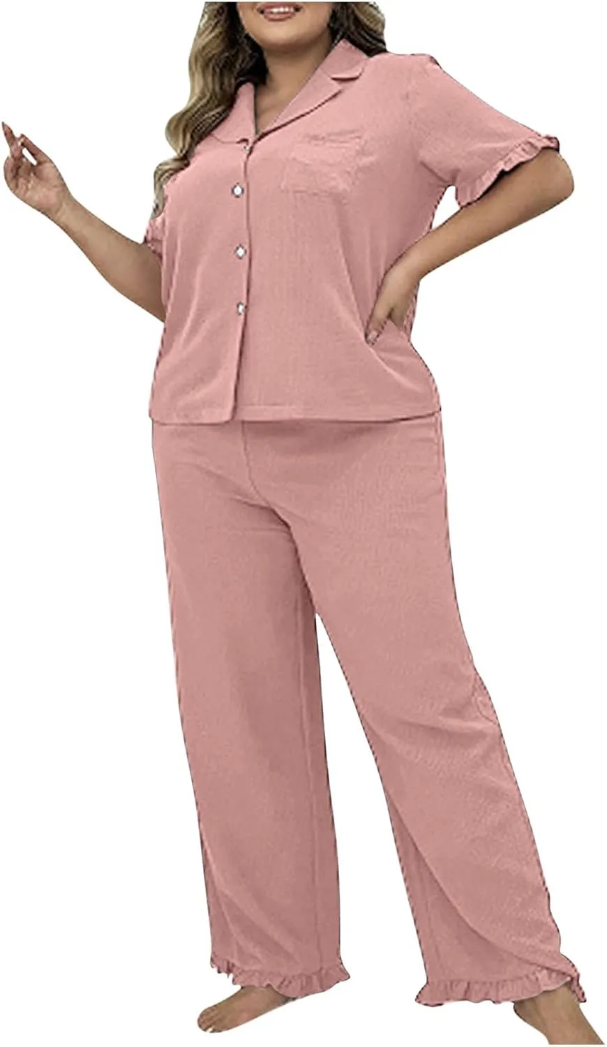 2 Piece Women's Plus Size Button Down Pajamas Set, Lightweight Short Sleeve Loose Loungewear Pjs and Pants