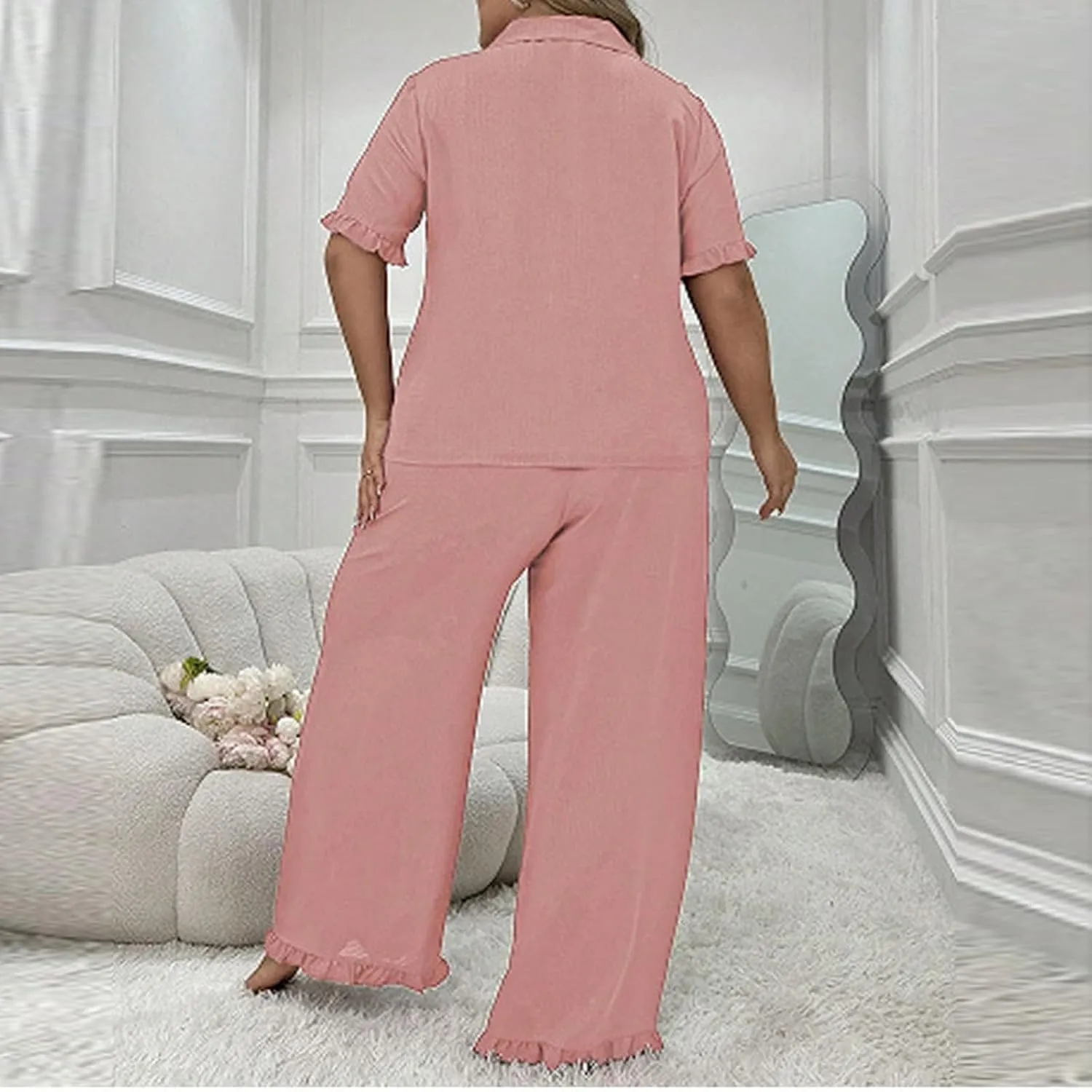 2 Piece Women's Plus Size Button Down Pajamas Set, Lightweight Short Sleeve Loose Loungewear Pjs and Pants