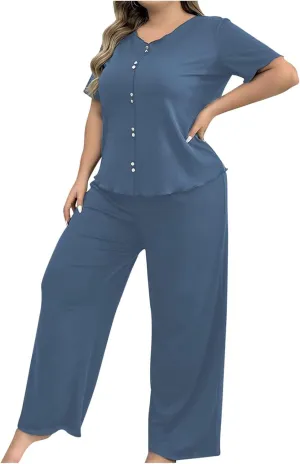 2 Piece Women's Plus Size Comfy Pajamas Set, Summer Lightweight Loose Short Sleeve Loungewear Pjs and Pants