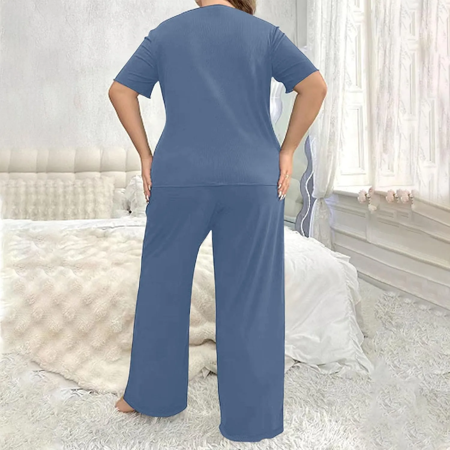 2 Piece Women's Plus Size Comfy Pajamas Set, Summer Lightweight Loose Short Sleeve Loungewear Pjs and Pants