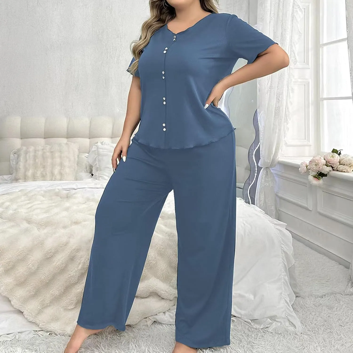 2 Piece Women's Plus Size Comfy Pajamas Set, Summer Lightweight Loose Short Sleeve Loungewear Pjs and Pants