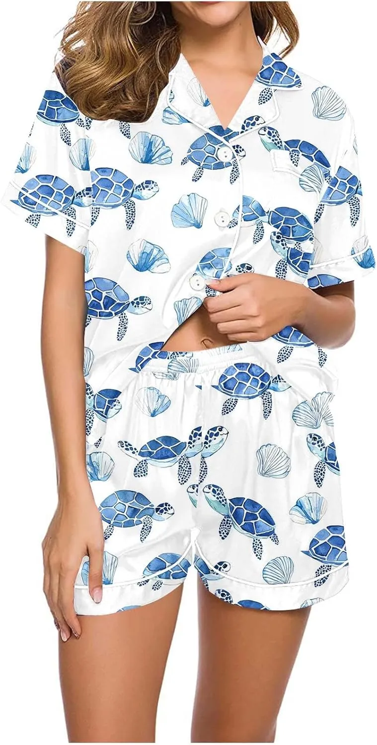 2 Piece Women's Silk Satin Short Sleeve Pajama Sets Turtle Print Loose Button Down Sleepwear Shorts Summer Pjs Lounge Set