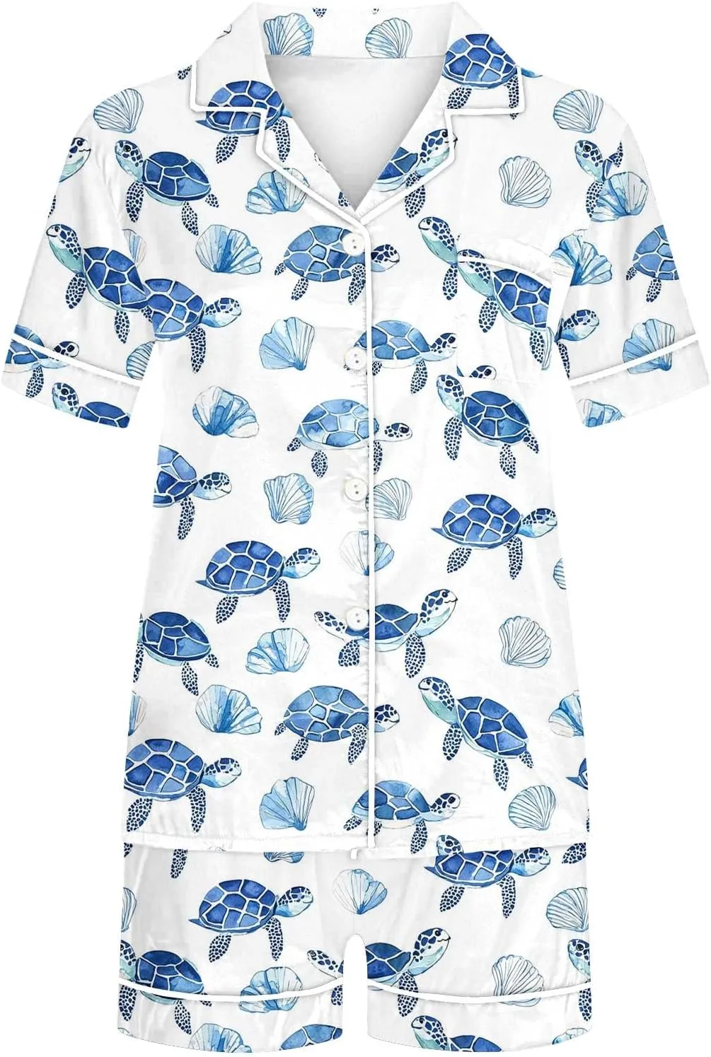 2 Piece Women's Silk Satin Short Sleeve Pajama Sets Turtle Print Loose Button Down Sleepwear Shorts Summer Pjs Lounge Set