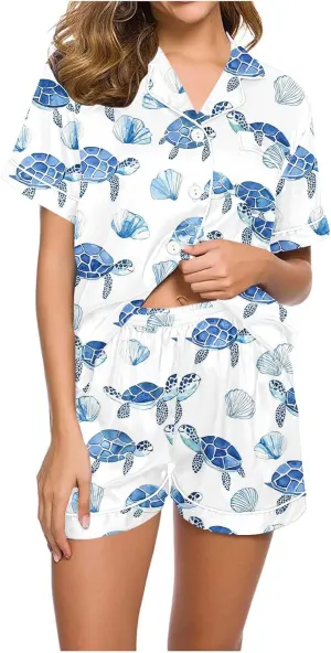 2 Piece Women's Silk Satin Short Sleeve Pajama Sets Turtle Print Loose Button Down Sleepwear Shorts Summer Pjs Lounge Set