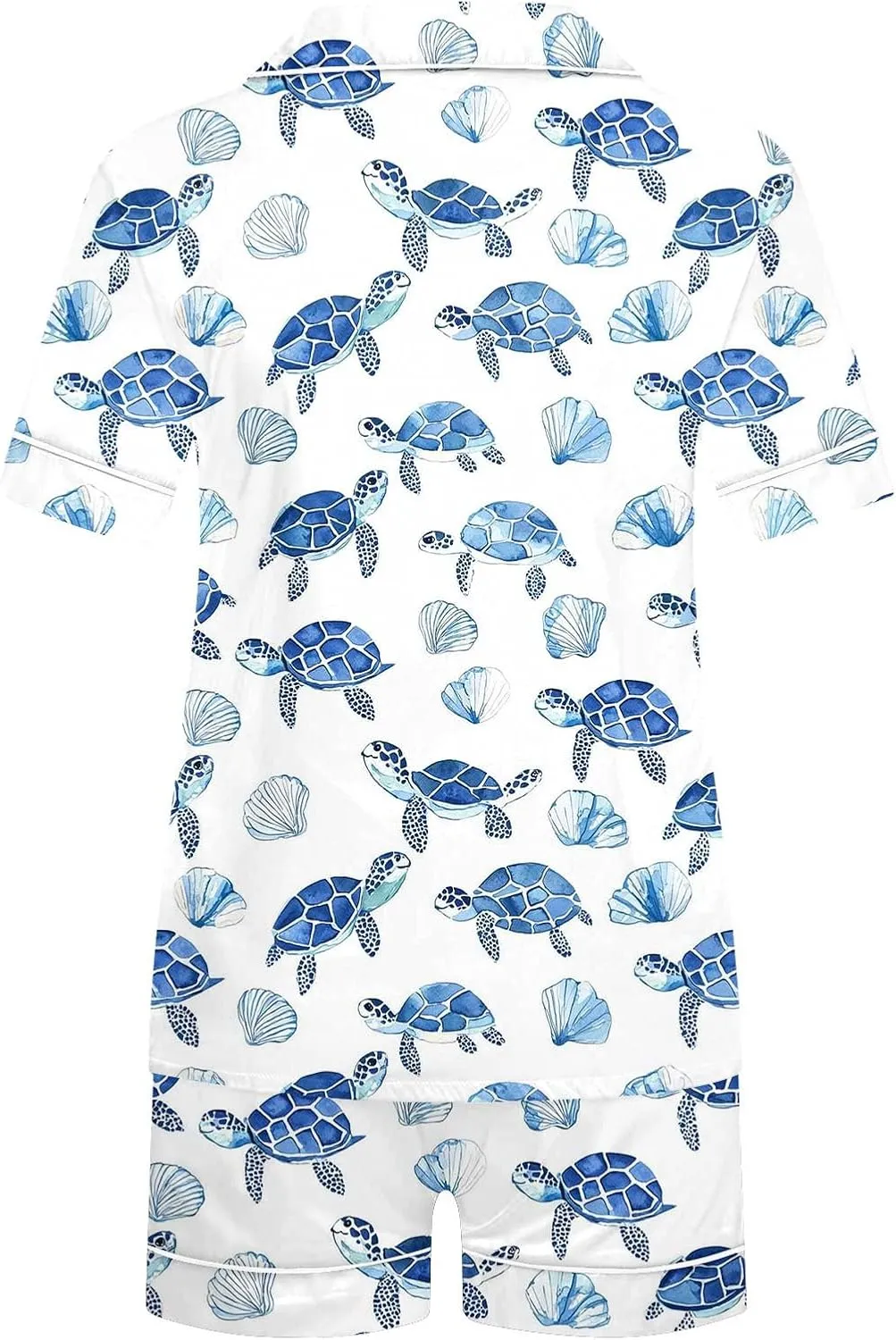 2 Piece Women's Silk Satin Short Sleeve Pajama Sets Turtle Print Loose Button Down Sleepwear Shorts Summer Pjs Lounge Set