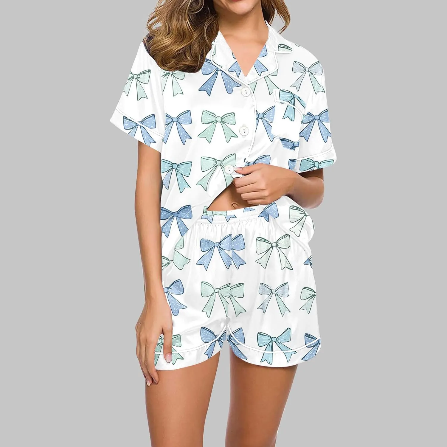 2 Piece Women's Summer Plaid Pajama Sets Loose Short Sleeve Button Down Shirt with Shorts Comfy Sleepwear Lounge Pjs Set
