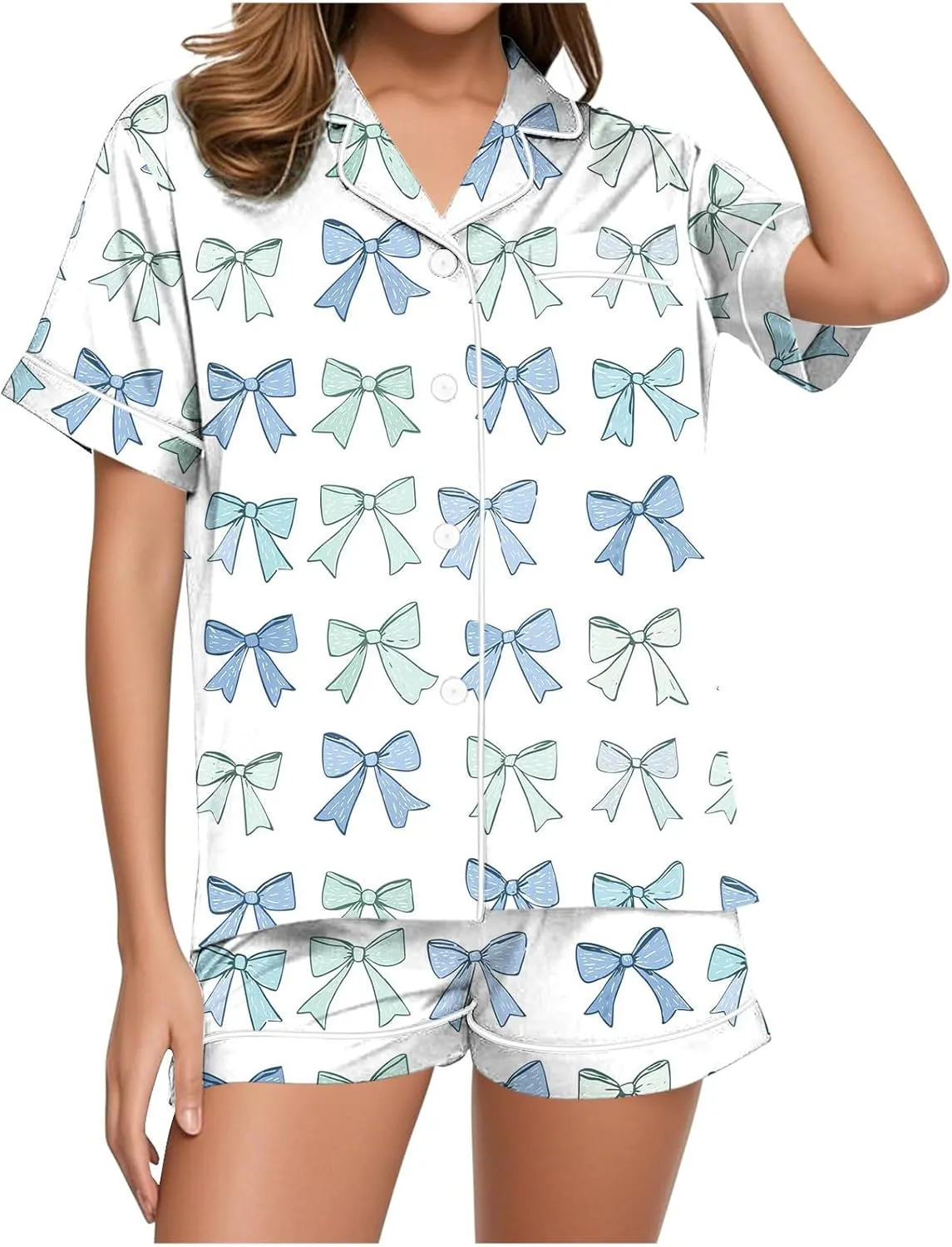 2 Piece Women's Summer Plaid Pajama Sets Loose Short Sleeve Button Down Shirt with Shorts Comfy Sleepwear Lounge Pjs Set