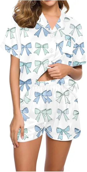 2 Piece Women's Summer Plaid Pajama Sets Loose Short Sleeve Button Down Shirt with Shorts Comfy Sleepwear Lounge Pjs Set