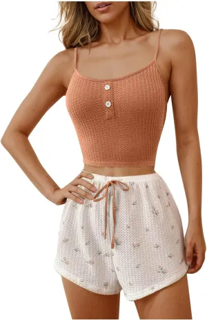 2 Piece Women's Waffle Crop Pajama Set, Summer Sleeveless Cami Pjs Fashion Baggy Drawstring Shorts Sleepwear Sets